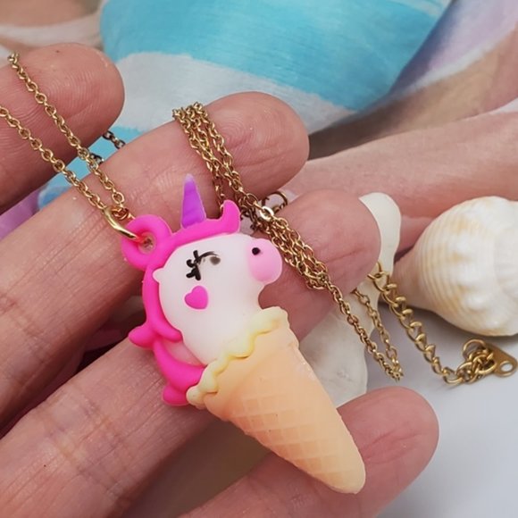 SALE Unicorn Jewelry Icecream Cone Necklace 14K Gold plated Chain Hypoallergenic - Picture 5 of 6